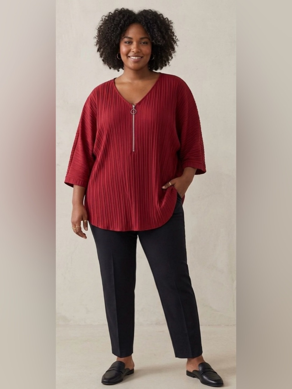 Red Ribbed V-Neck Zip Women's Top